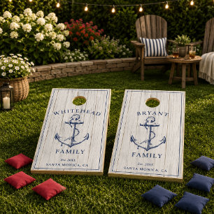 Modern White Wood Anchor Monogram Navy Cornhole Set