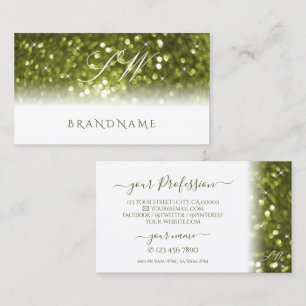 Modern White Yellow Green Sparkle Glitter Monogram Business Card
