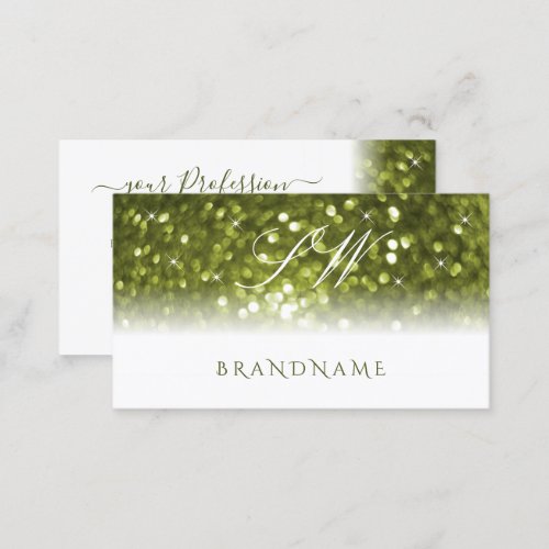 Modern White Yellow Green Sparkle Glitter Monogram Business Card
