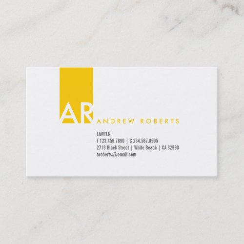 Modern White Yellow Monogram Business Card