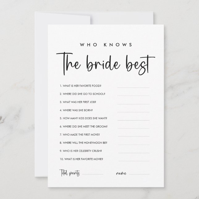 Modern Who Knows The Bride Best Game Card (Front)