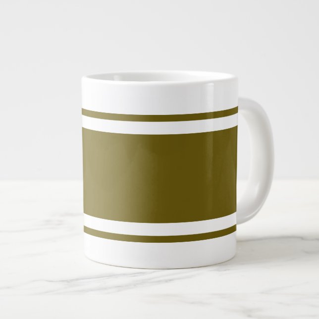 Modern Wide Golden Olive Racing Stripes On White Giant Coffee Mug (Front Right)
