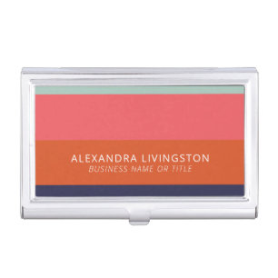 Modern Wide Stripes in Blue and Coral Orange  Business Card Case