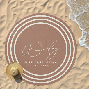 Modern Wifey Script Mocha Mousse Cream Stripes Beach Towel