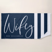 Modern Wifey Script Nautical Navy & White Stripes Beach Towel (Front)