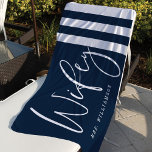 Modern Wifey Script Nautical Navy & White Stripes Beach Towel<br><div class="desc">Modern and trendy personalized wifey beach towel perfect for newlyweds or honeymoon vacation. The design features "Wifey" in a modern calligraphy script and personalized with Mrs's name. The deep navy and white stripe design add a modern and stylish nautical vibe. Check out our matching Hubby nautical beach towel.</div>