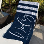 Modern Wifey Script Nautical Navy & White Stripes Beach Towel
