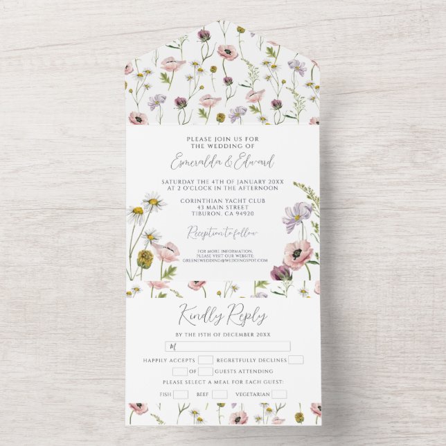Modern Wild Flower Boho Botanical Garden Wedding  All In One Invitation (Inside)