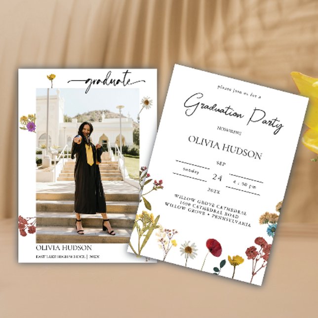 modern wild flowers calligraphy photo graduation invitation (Creator Uploaded)