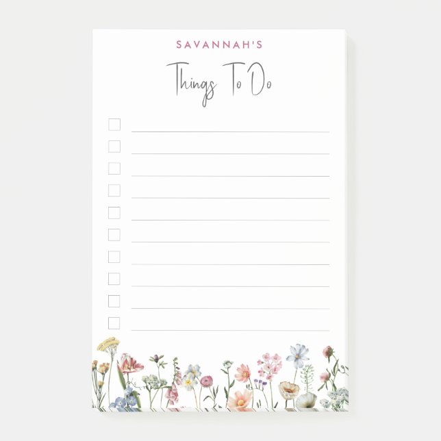Modern Wild Flowers Personalized To Do List Post-it Notes (Front)