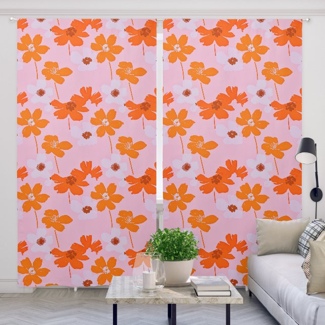 Modern Wild Flowers Pink Orange Blackout Curtains (Living Room)