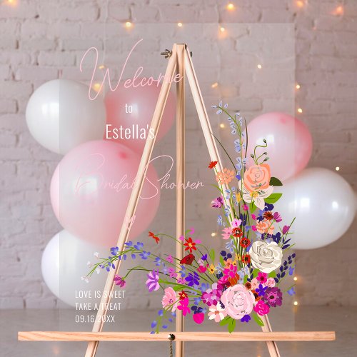 Modern wild flowers script bridal shower welcome acrylic sign