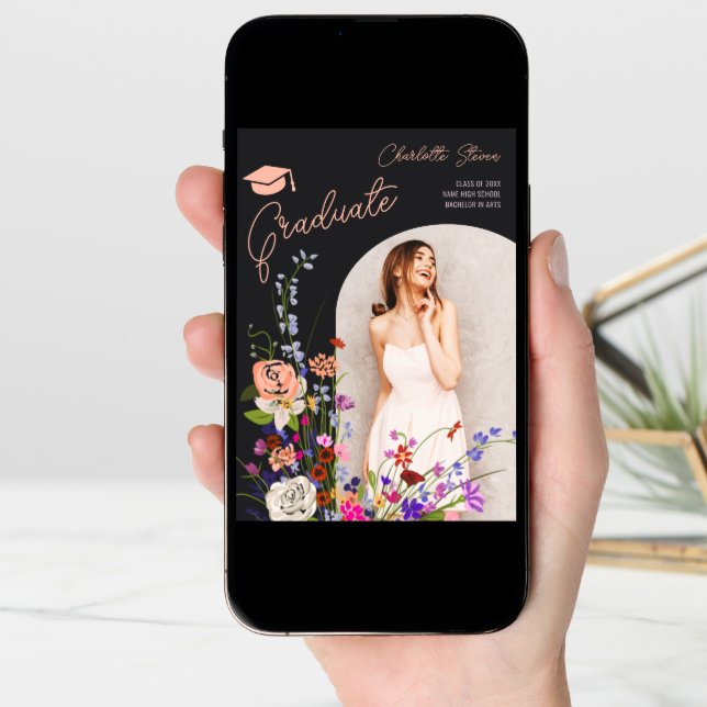 Modern wild flowers script photo dark graduation  announcement (Front Digital)