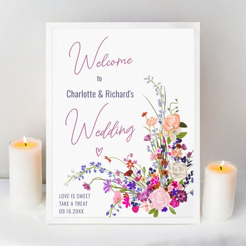 Modern wild flowers script wedding welcome poster