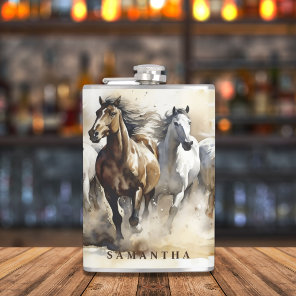 Modern Wild Mustang Horses Equestrian Watercolor Flask