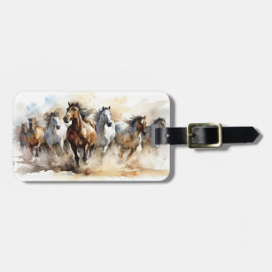 Modern Wild Mustang Horses Equestrian Watercolor Luggage Tag