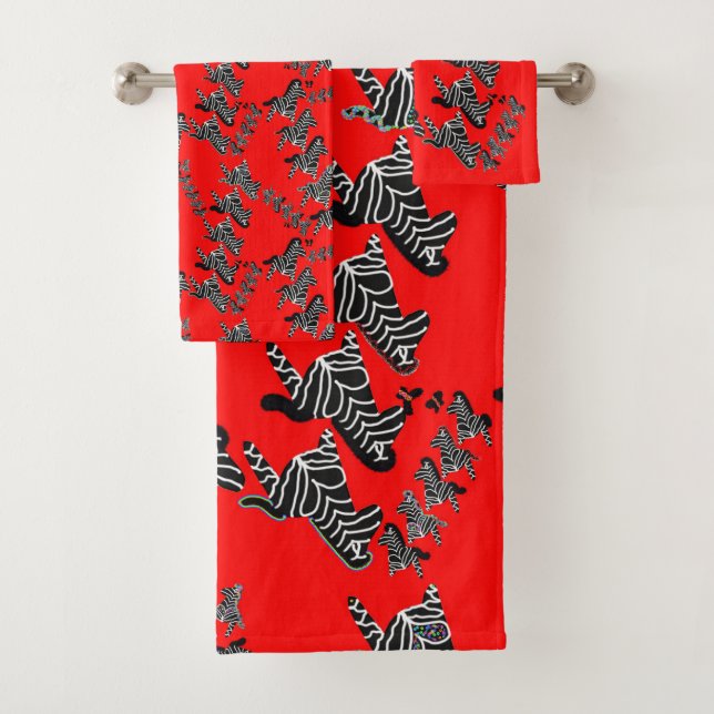 Modern wild red zebra bath towel set (Insitu)