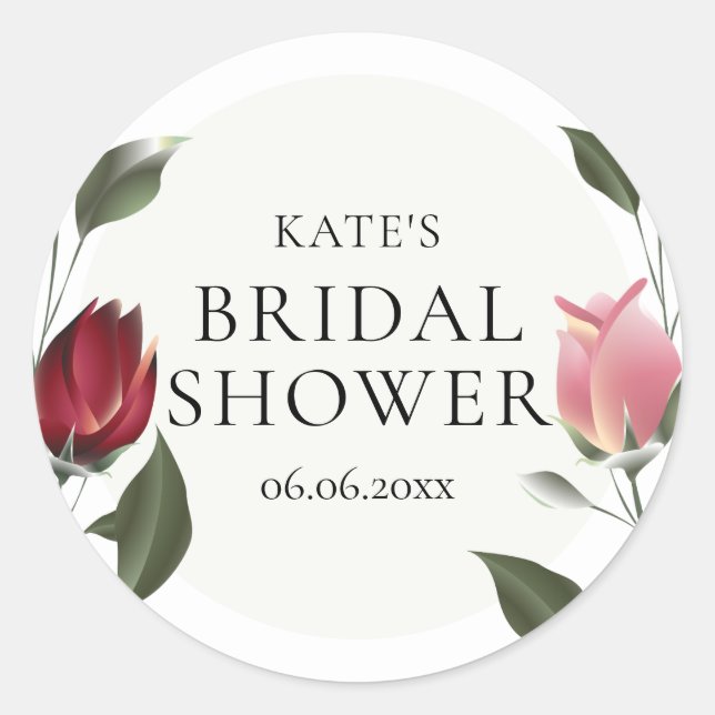 Modern Wild Rose Floral Bridal Shower Favor Classic Round Sticker (Front)