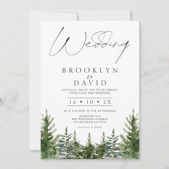 Modern Wilderness Pine Trees Minimalist Wedding Invitation (Front)