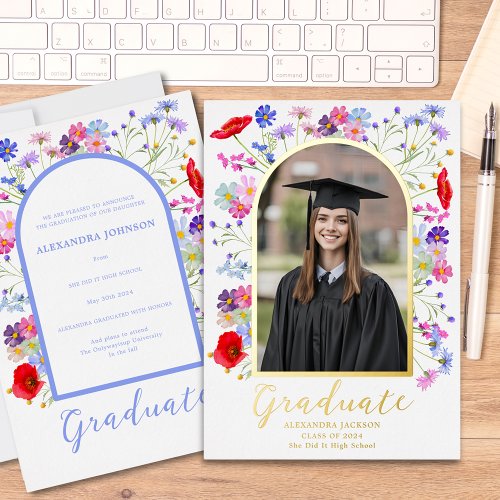 Modern Wildflower Arch Graduate Photo Gold Foil Invitation