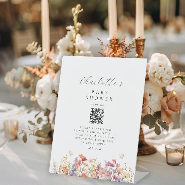 Modern, Wildflower, Baby Shower, QR Code Pedestal Sign (Creator Uploaded)
