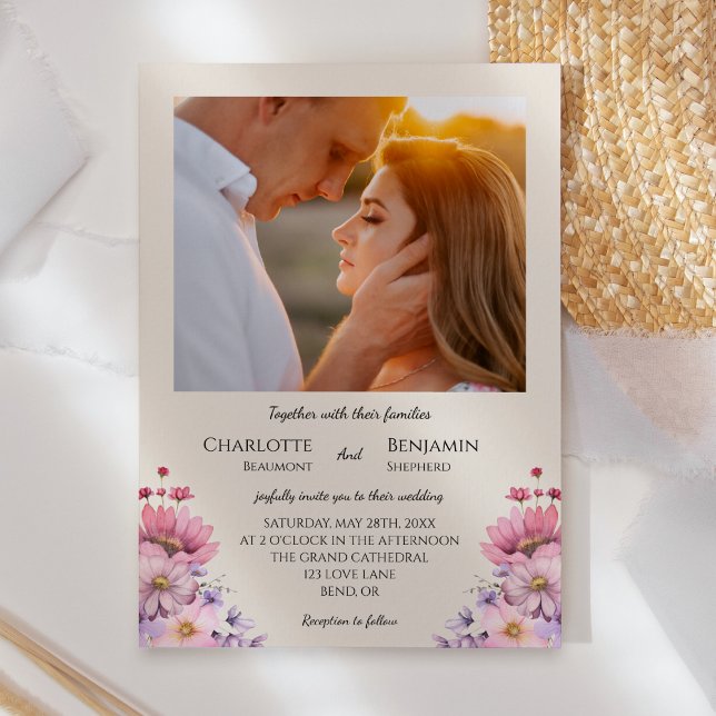 Modern Wildflower Beige Classic Photo Wedding Invitation (Creator Uploaded)