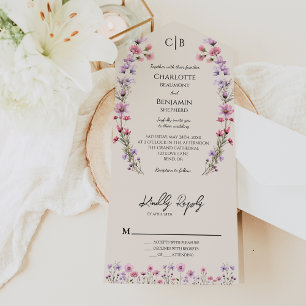 Modern Wildflower Beige Classic Wedding All In One Invitation