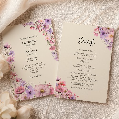 Modern Wildflower Beige Details All In One Wedding Invitation