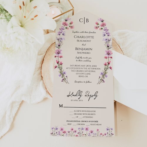 Modern Wildflower Beige Entree Choice RSVP Wedding All In One Invitation