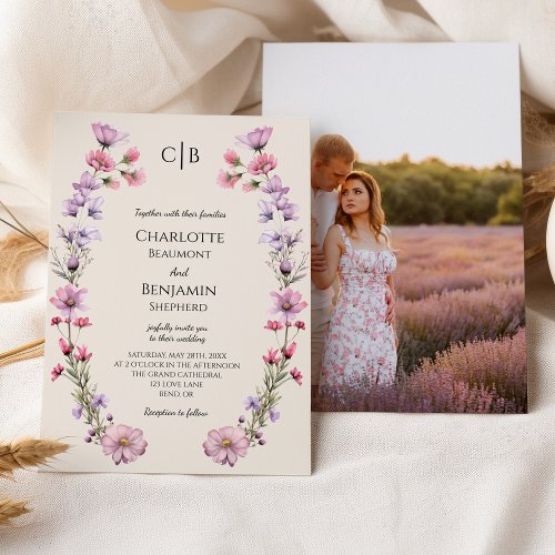 Modern Wildflower Beige Monogram Photo Wedding Invitation