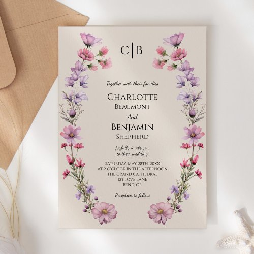 Modern Wildflower Beige Monogram Wedding Invitation