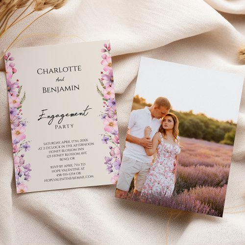 Modern Wildflower Beige Photo Engagement Party Invitation