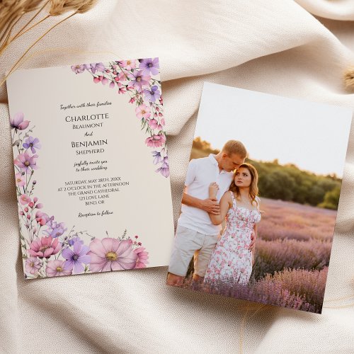 Modern Wildflower Beige Photo Wedding Invitation