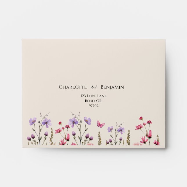 Modern Wildflower Beige Self Addressed Wedding Envelope (Front)
