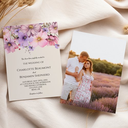 Modern Wildflower Beige Simple Photo Wedding Invitation
