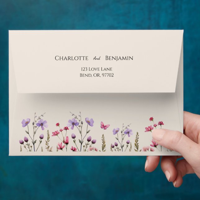 Modern Wildflower Beige Wedding Envelope (Hand)