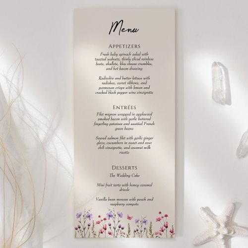 Modern Wildflower Beige Wedding Flat Menu