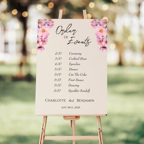 Modern Wildflower Beige Wedding Order Of Events Foam Board