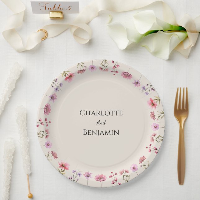 Modern Wildflower Beige Wedding Paper Plates (Wedding)