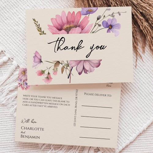 Modern Wildflower Beige Wedding Thank You Postcard