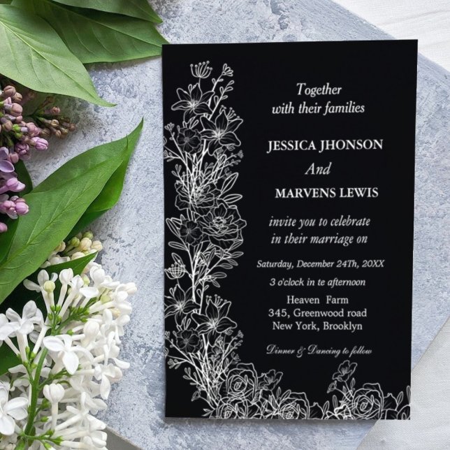 Modern Wildflower black wedding  invitation (Creator Uploaded)