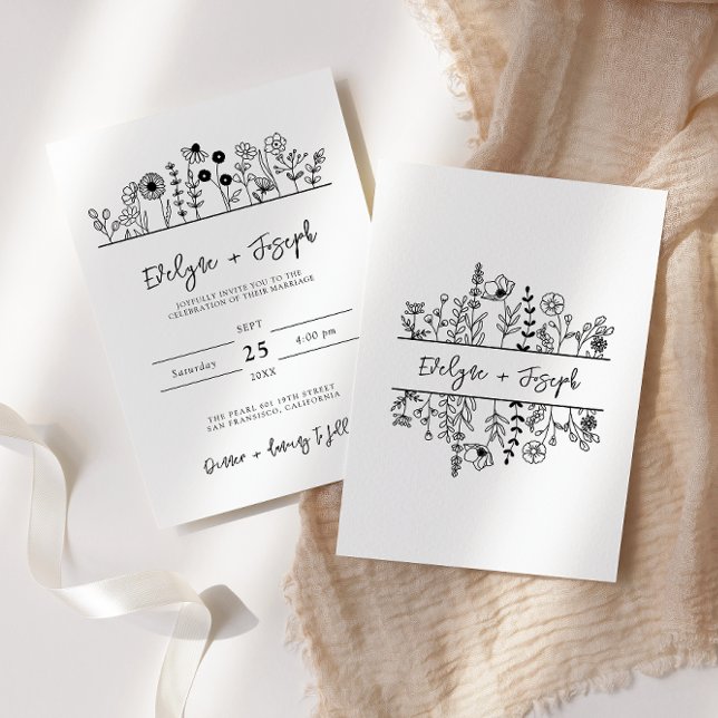 Modern Wildflower Black White Boho Unique Wedding Invitation (Creator Uploaded)