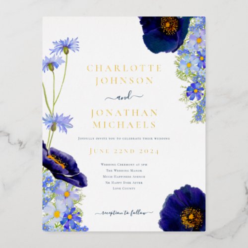 Modern Wildflower Blue and Gold Foil Invitation Postcard