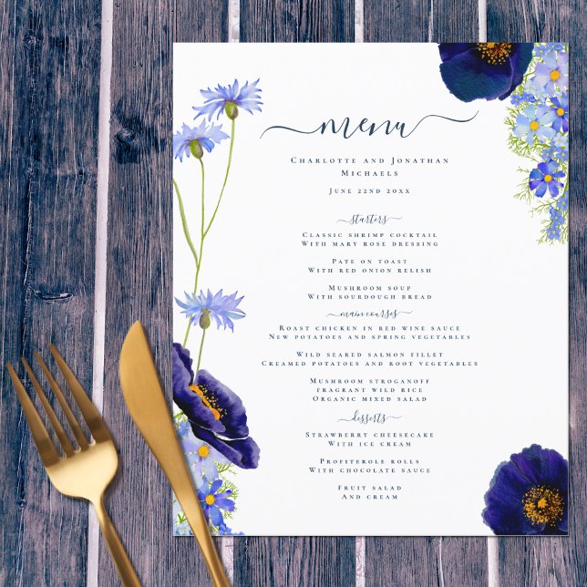 Modern Wildflower Blue Boho Wedding Menu (Unique Wildflower blue boho personalized wedding menu for day of the wedding or rehearsal dinner)