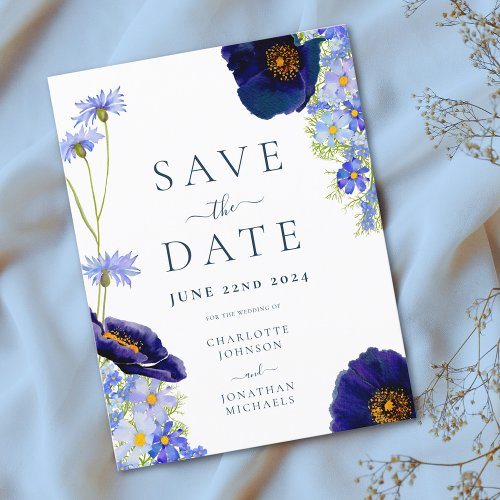 Modern Wildflower Blue Boho Wedding Save The Date