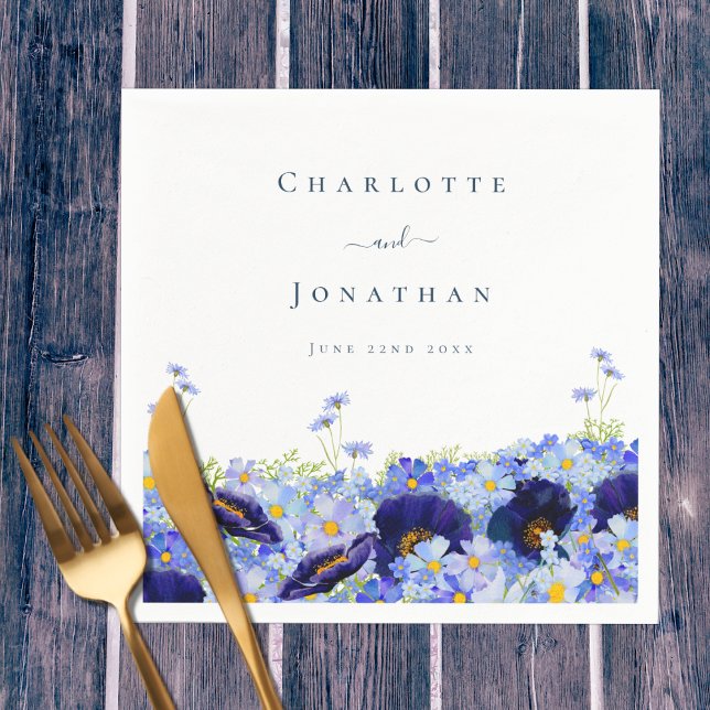 Modern Wildflower Blue  Floral Wedding Napkins (Unique wildflower watercolor artwork by artist Catherine Sweetman )