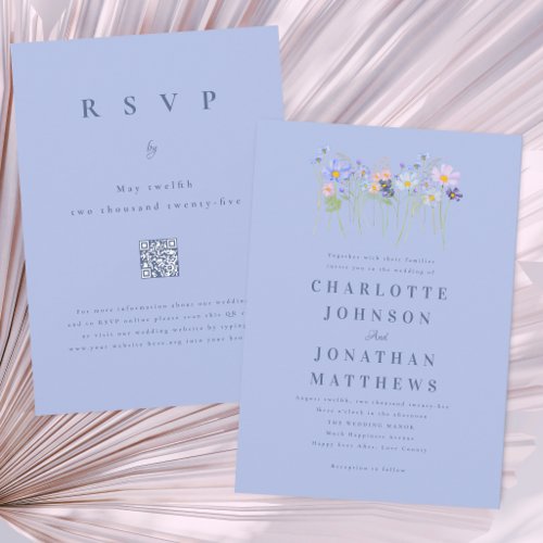 Modern Wildflower Blue Pink Floral Wedding QR Code Invitation