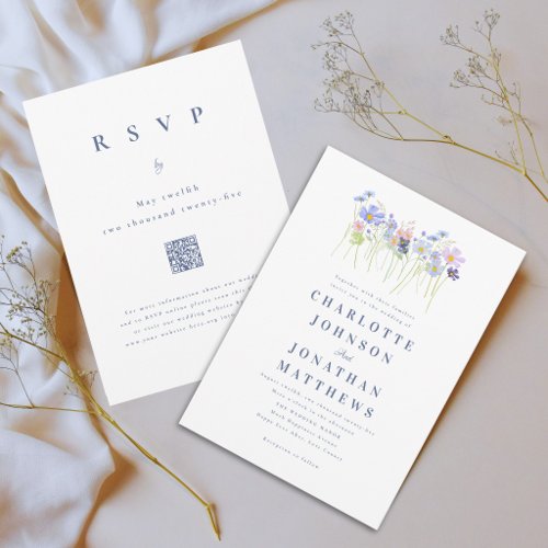 Modern Wildflower Blue Pink Floral Wedding QR Code Invitation