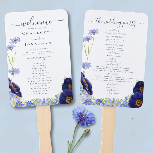 Modern Wildflower Blue Wedding Day Hand Fan (Elegant blue floral watercolor day of wedding programme fan with stylish typography script )