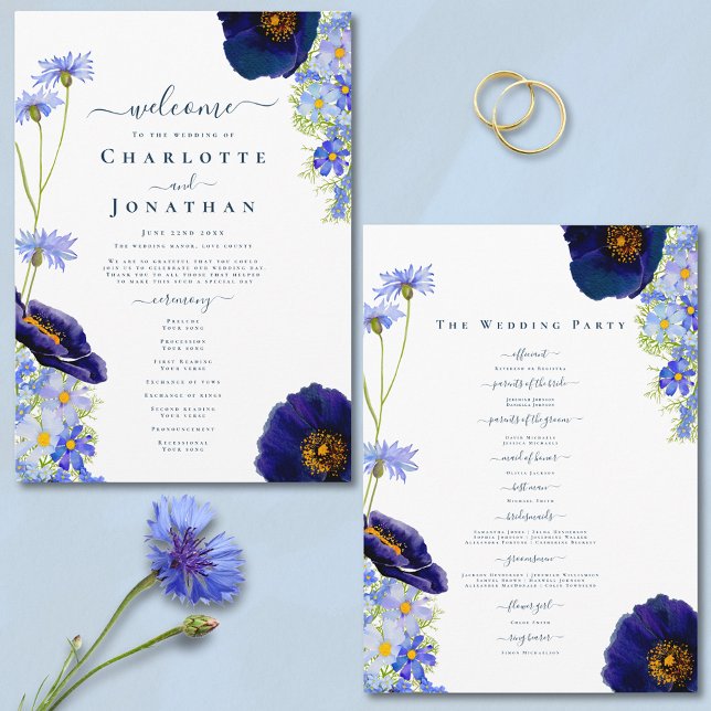 Modern Wildflower Blue Wedding Day Program (Elegant blue summer floral wedding programme with watercolor wildflowers and stylish typography )
